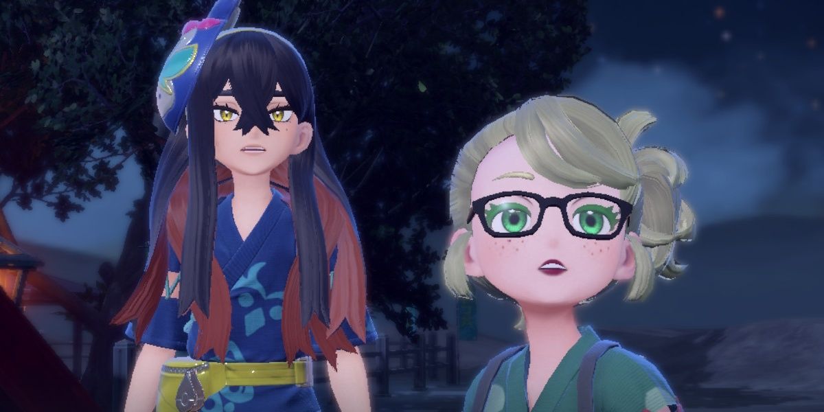Carmine and the protagonist look toward the camera, mouths agape with surprise in Pokemon Scarlet & Violet: The Teal Mask.
