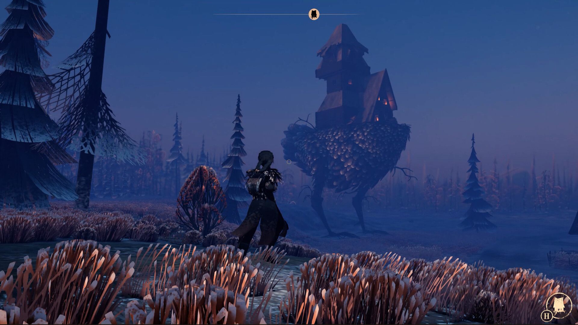 The apprentice witch with the chicken-legged house in the background in Reka.