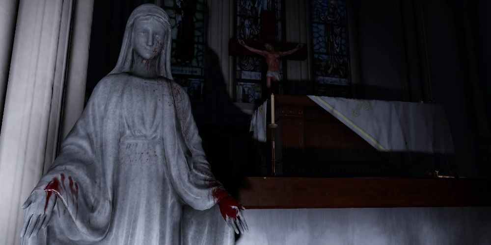 The Exorcist Legion a bloody statue of mother Mary in a church
