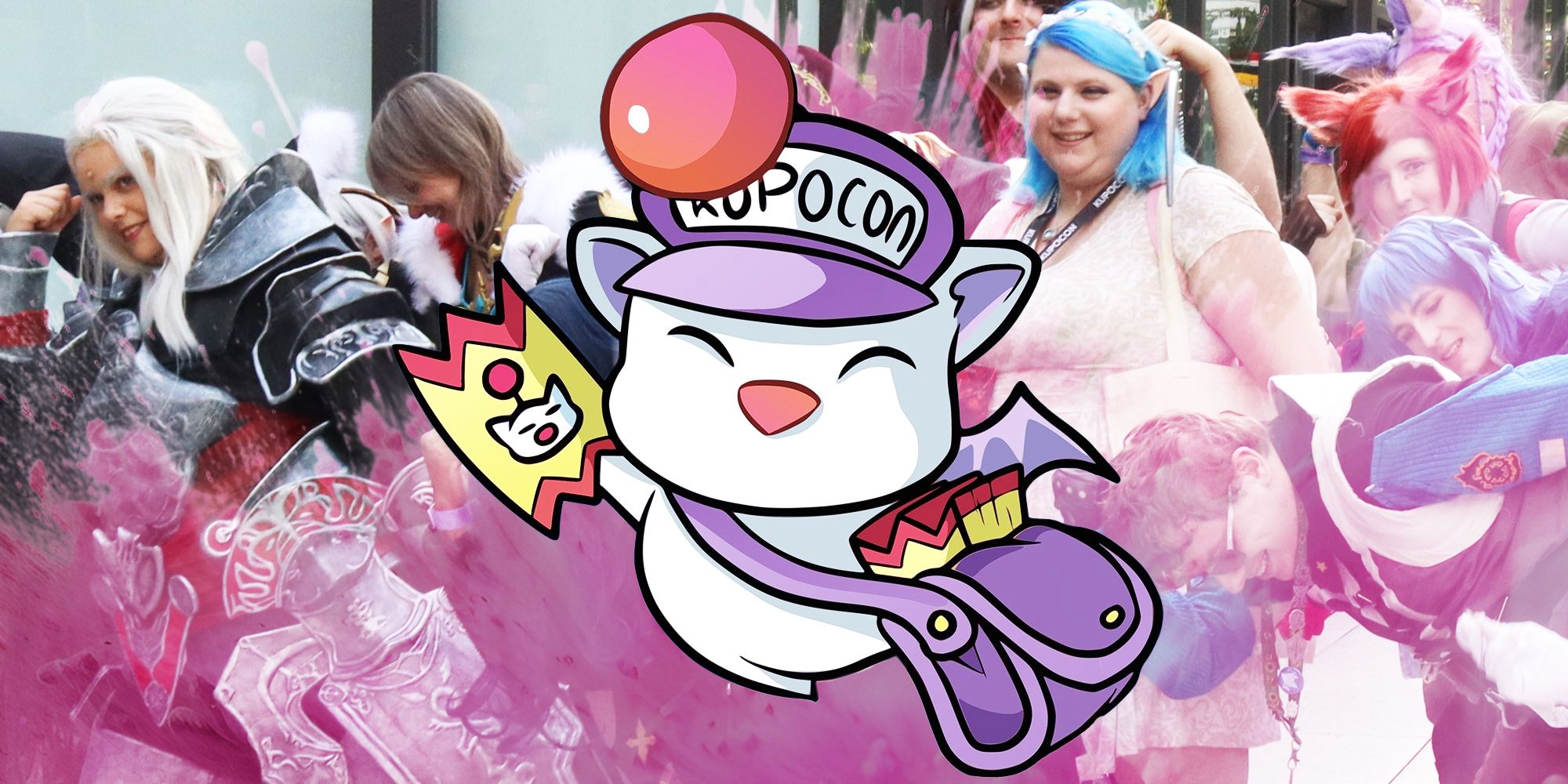 The KupoCon Moogle overlaid on cosplayers from Pom2.