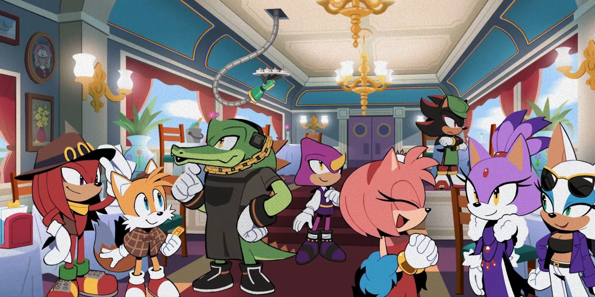 A group of characters from the Sonic series gather in a train