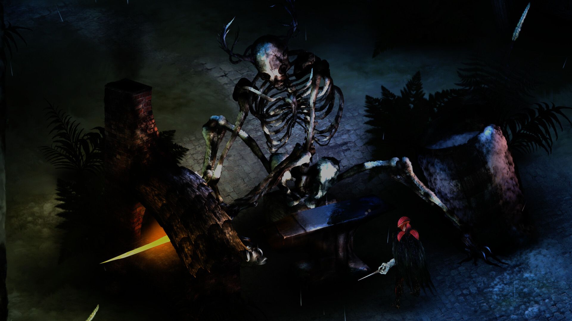The protagonist in front of a giant skeleton in Perennial Order.
