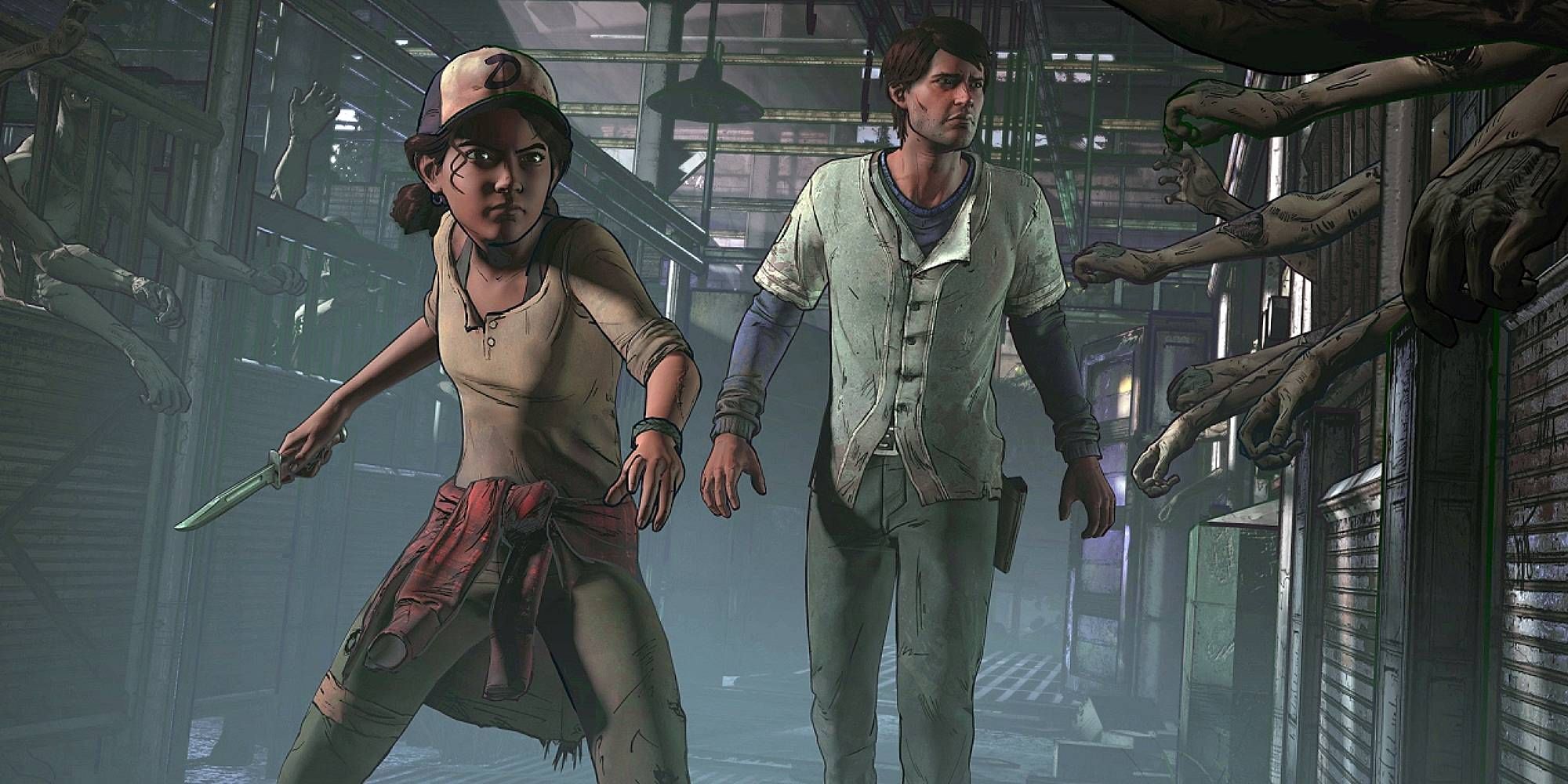 Clementine and Javier in a slaughterhouse of walkers in The Walking Dead: A New Frontier