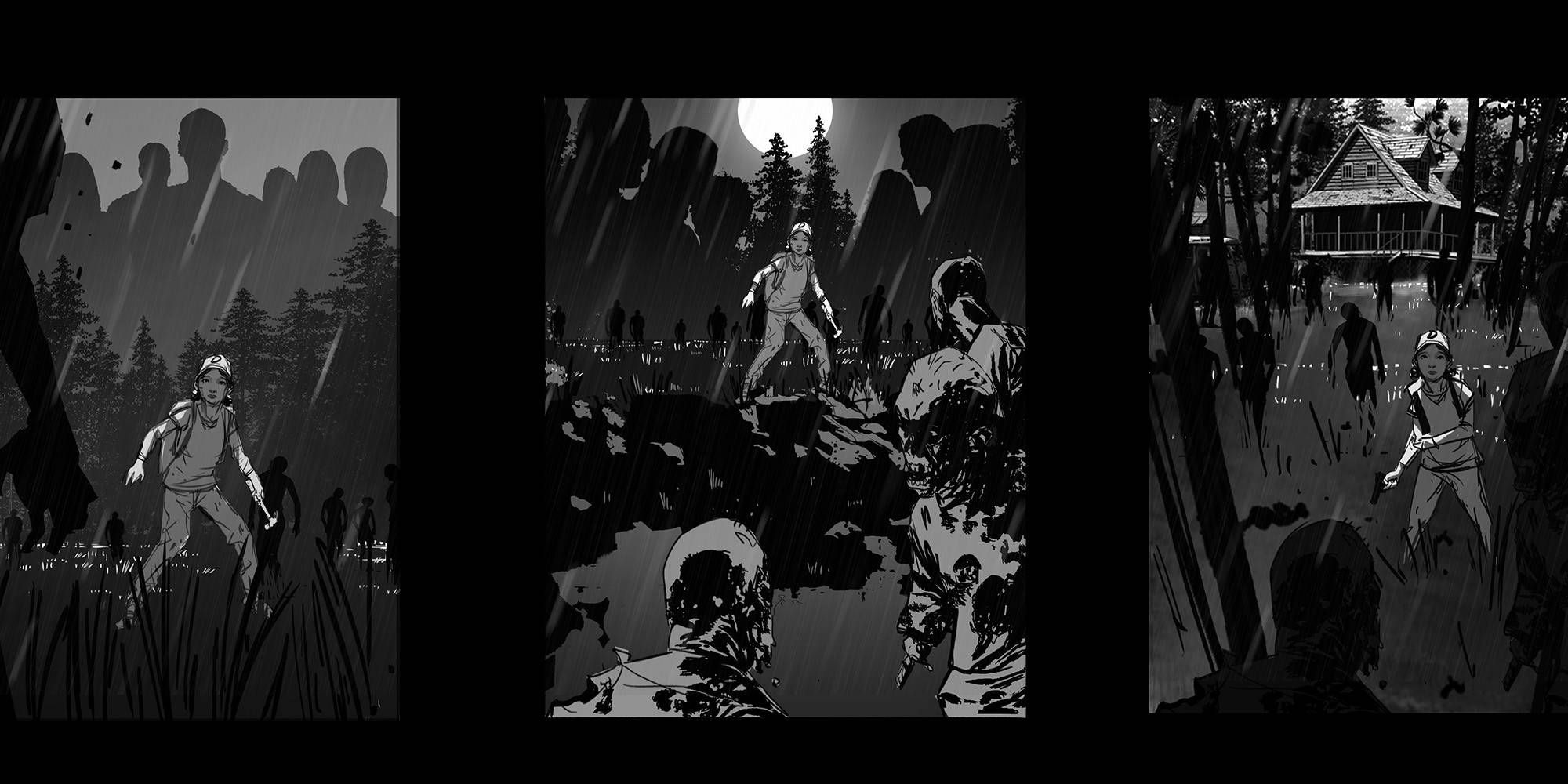 A collage of black and white images featuring portraits of Clementine surrounded by zombies