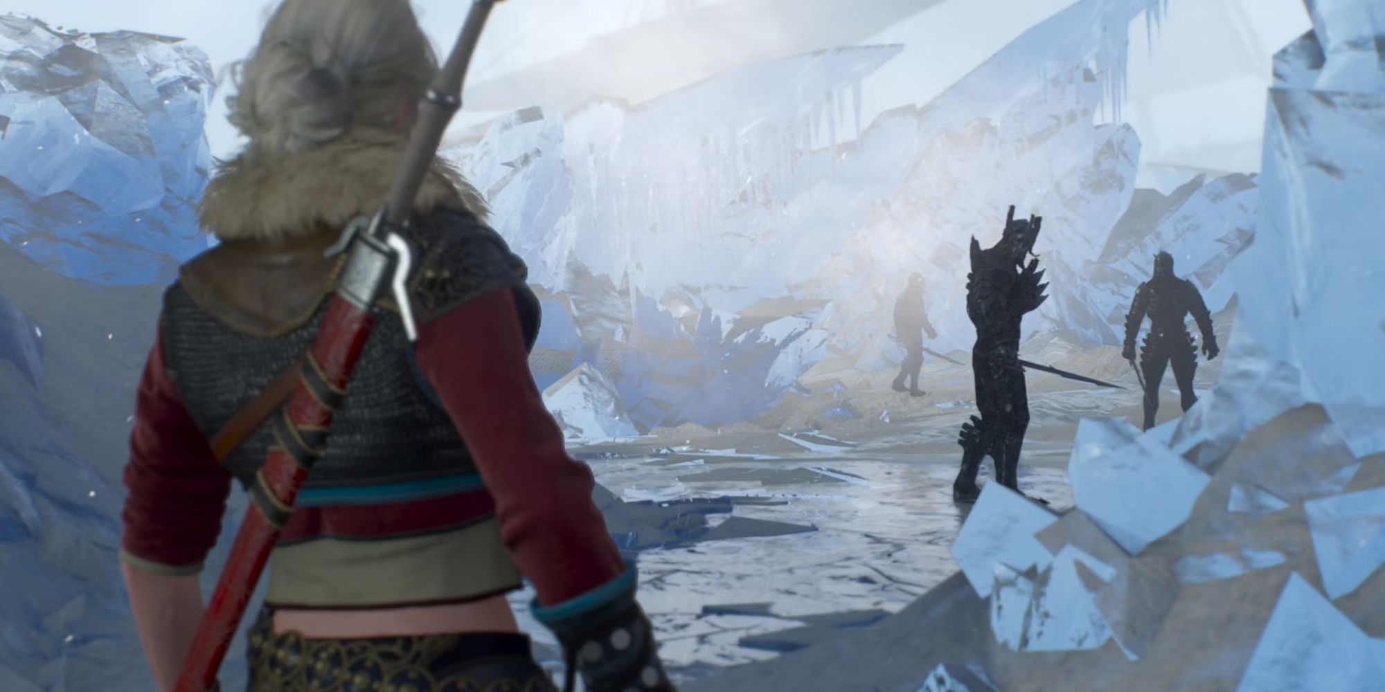 the witcher 3 ciri about to go into a fight with the wild hunt in the midst of a frozen over area