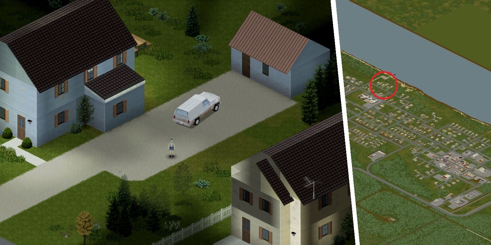 Split image of three north houses and West Point from Project Zomboid