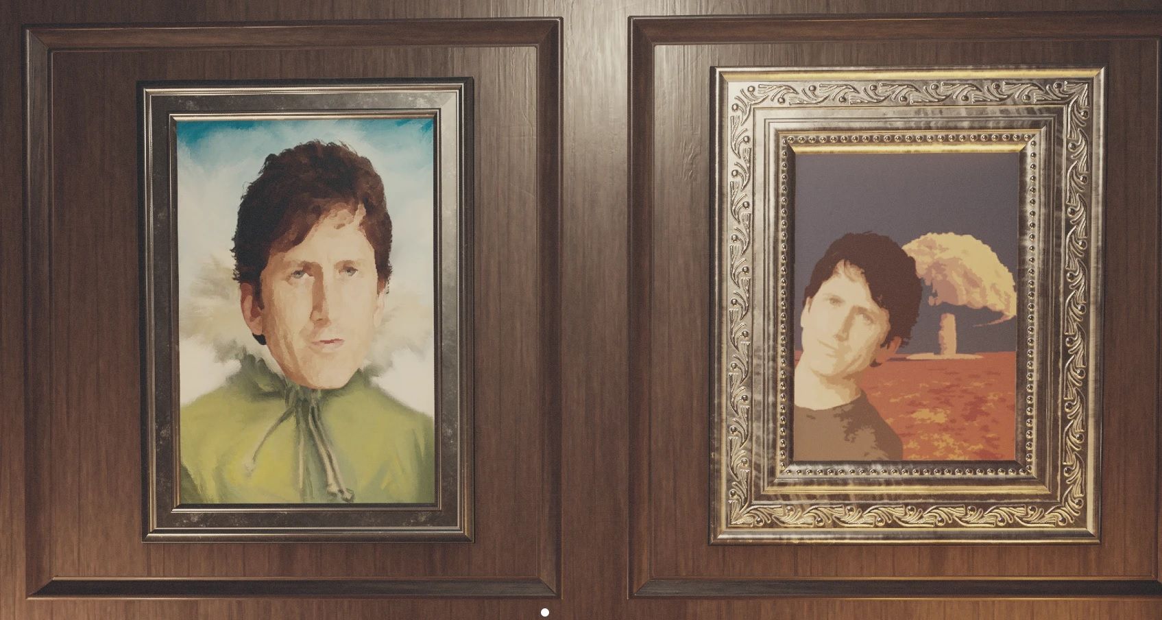 Two painting of Todd Howard on the wall in Starfield. One is him in a green hoody. The other is him in front of a mushroom cloud. Both have the same face. 