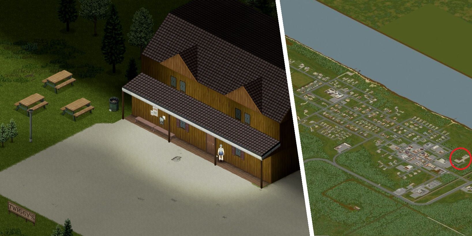 Split image of Twiggy's Bar and West Point from Project Zomboid