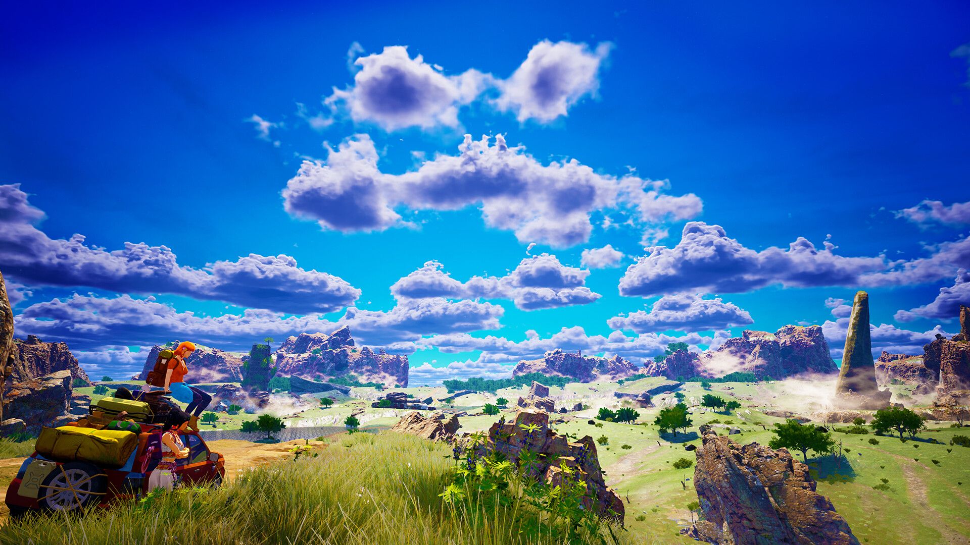 Two characters beside their car and a vibrant landscape in Albatroz.