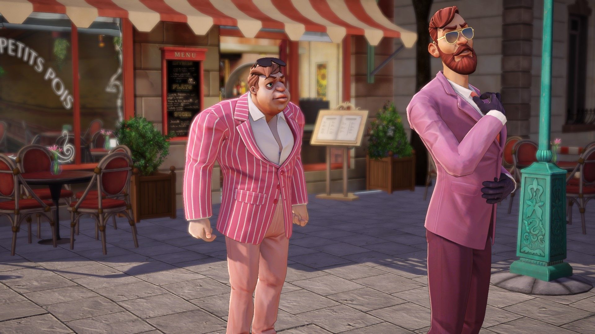 Two characters in pink suits in Broken Sword Parzival's Stone.