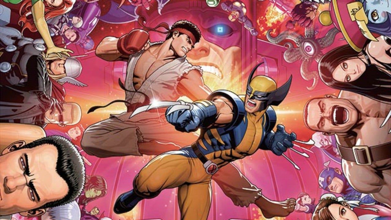 Key Art for Ultimate Marvel Vs. Capcom 3, showcasing the entire cast of playable characters with Ryu fighting Wolverine in the center