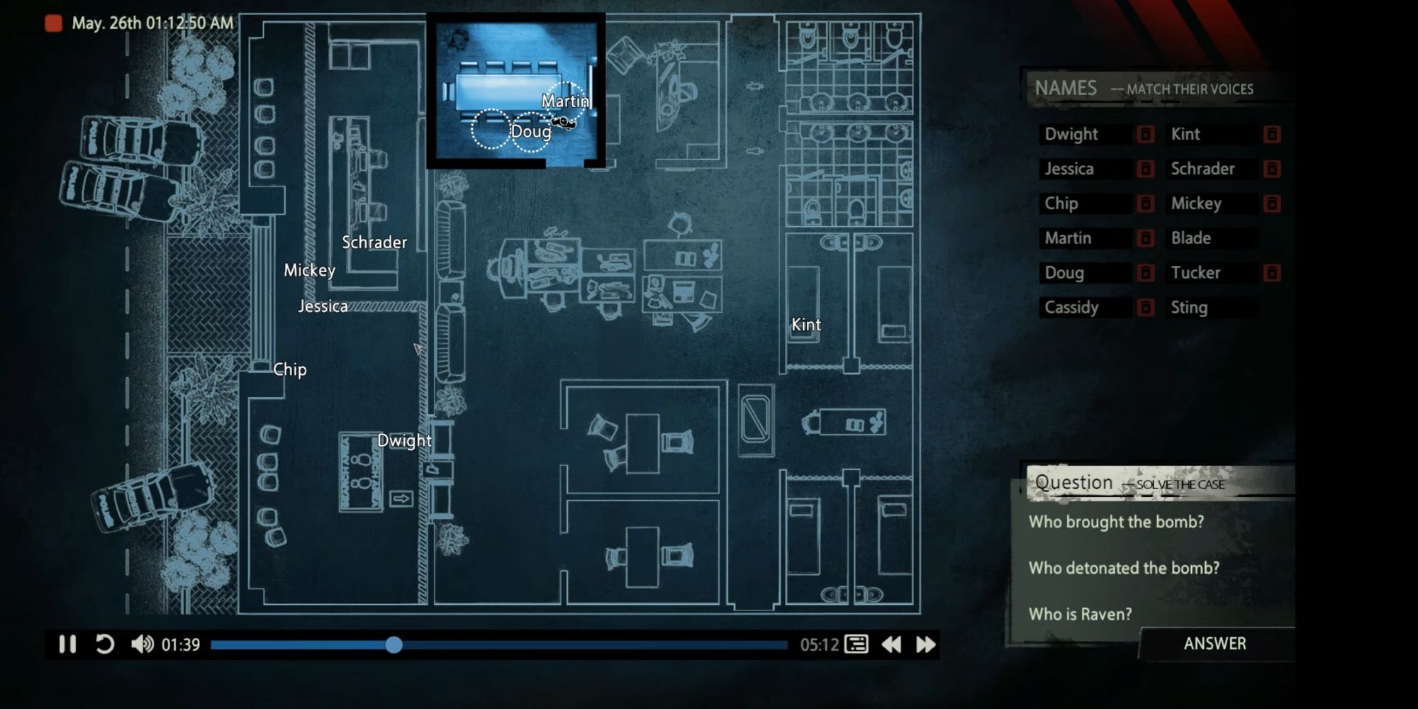Unheard crime scene of a building with multiple rooms and people talking