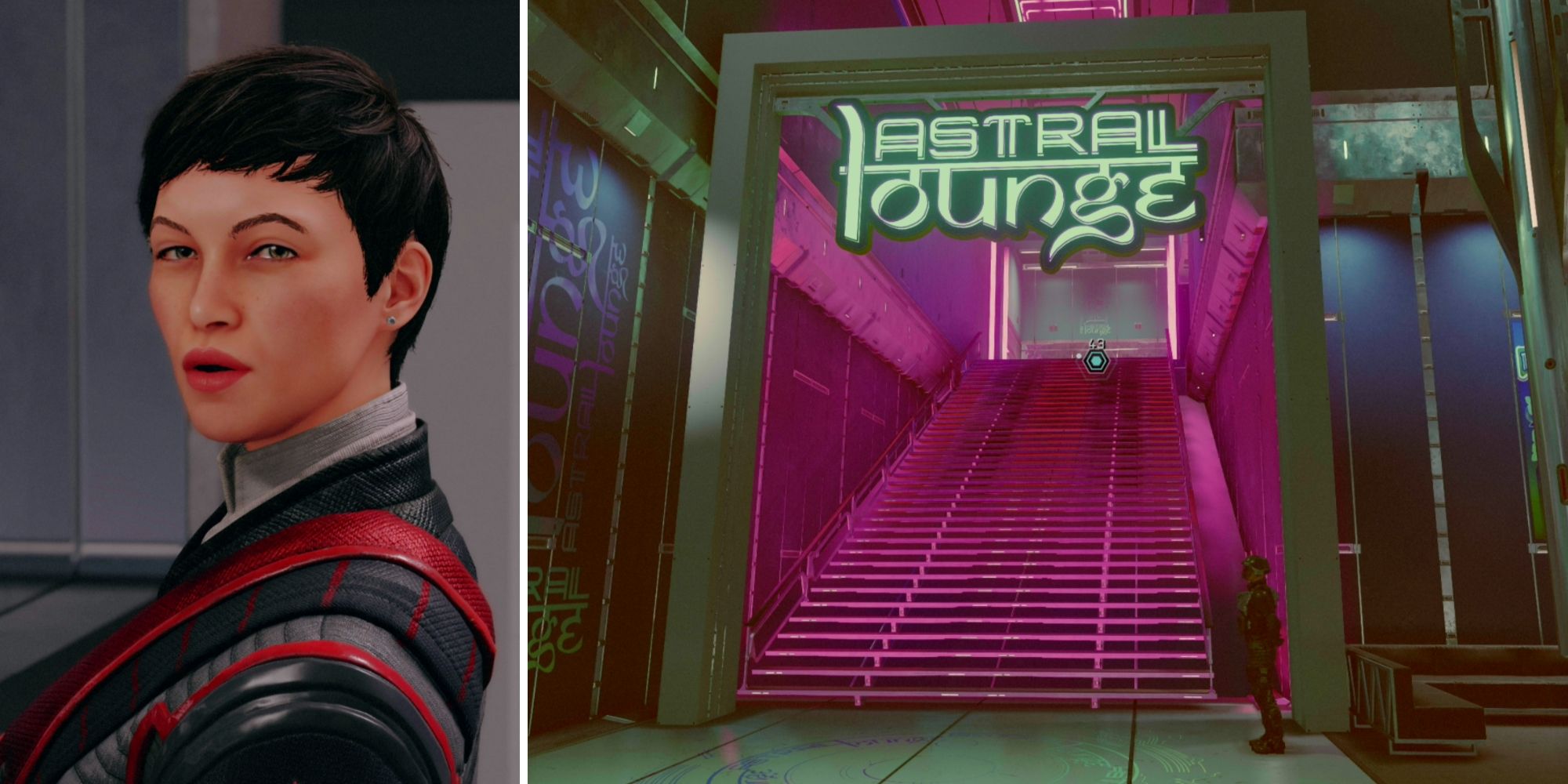 Split image of Imogene and the Astral Lounge in Starfield