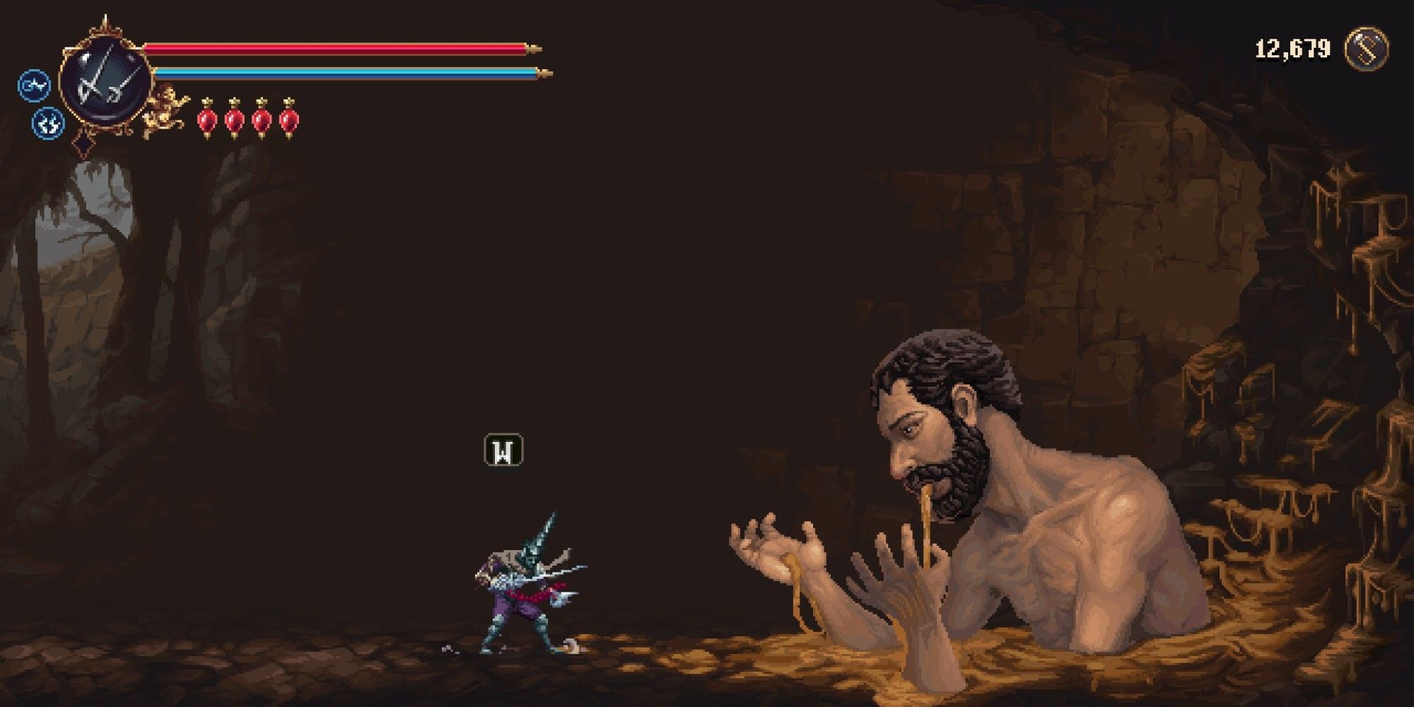 A screenshot showing The Honey-Drenched Man from Blasphemous 2