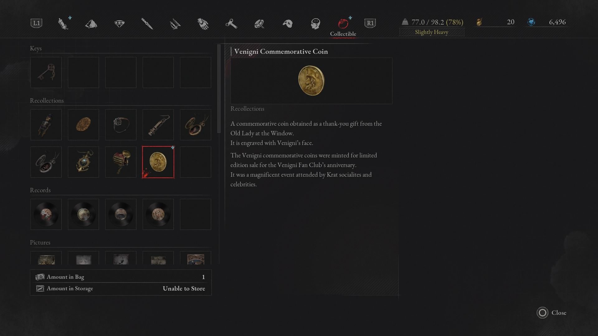 Venigni Commemorative Coin in the menu Lies of P