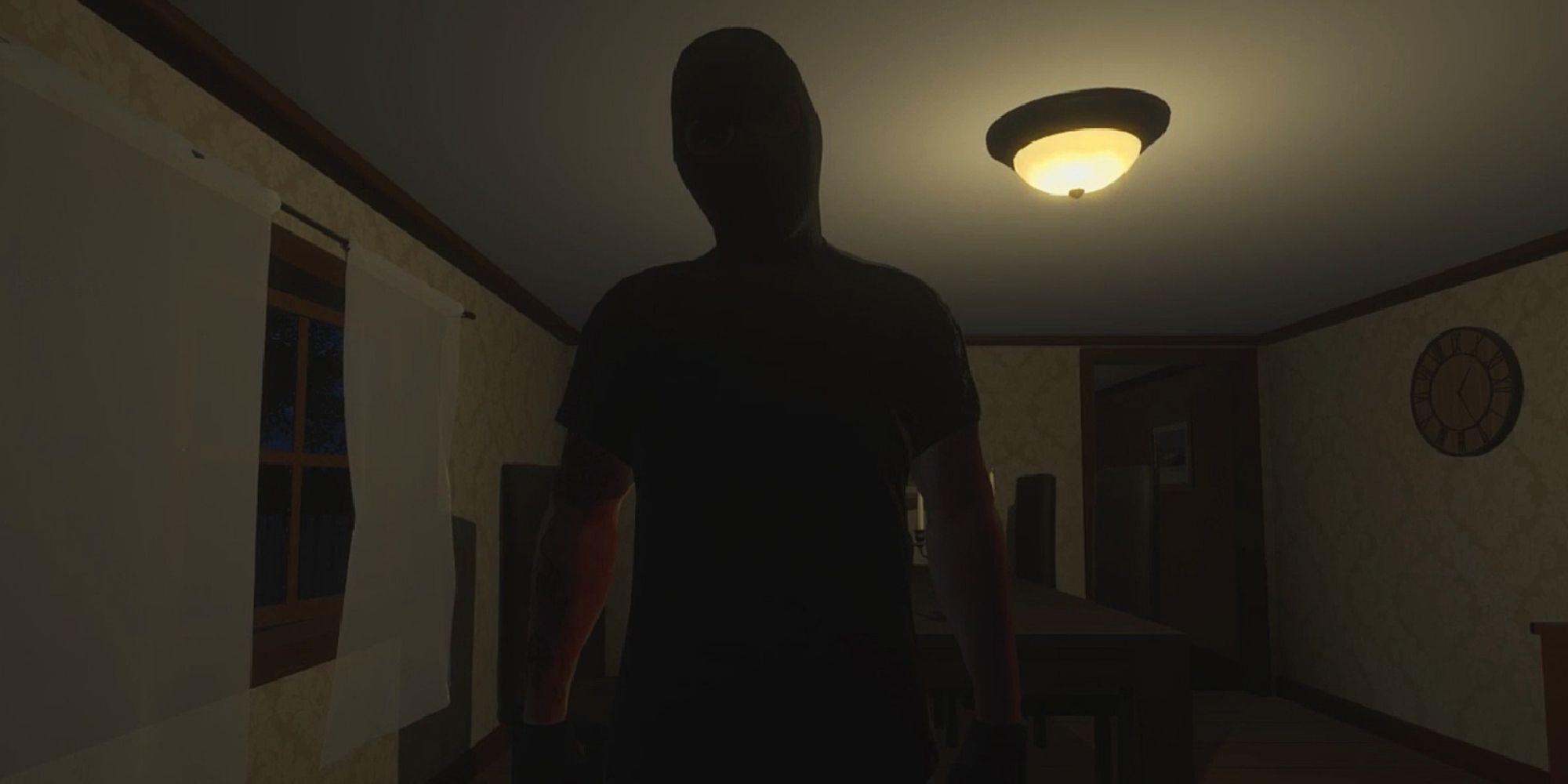 An image from Welcome To The Game of a masked man attacking you at your desk.