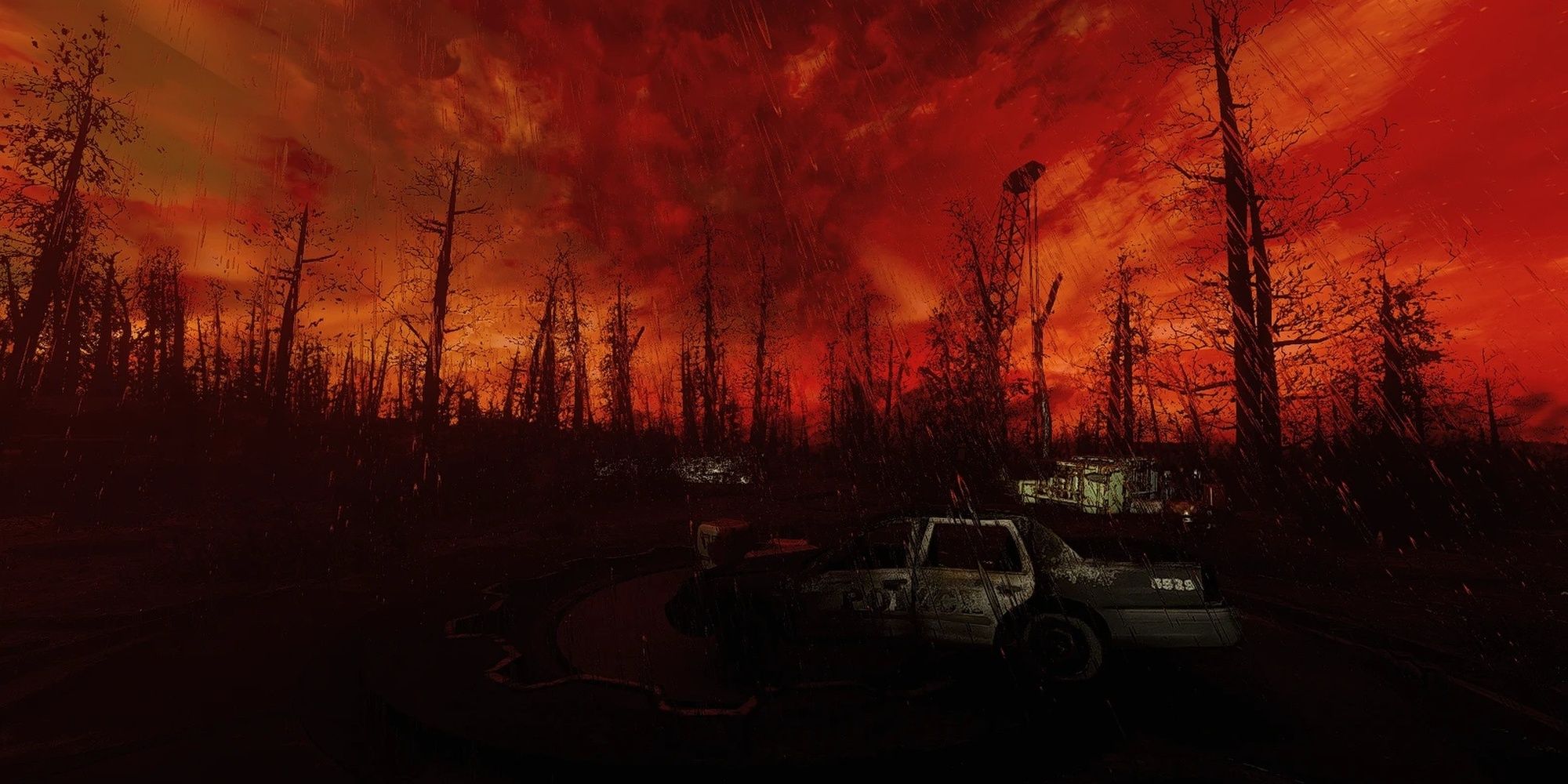 Fallout 4: The Alternate Main Menu Screen with dark red sky and irradiated trees