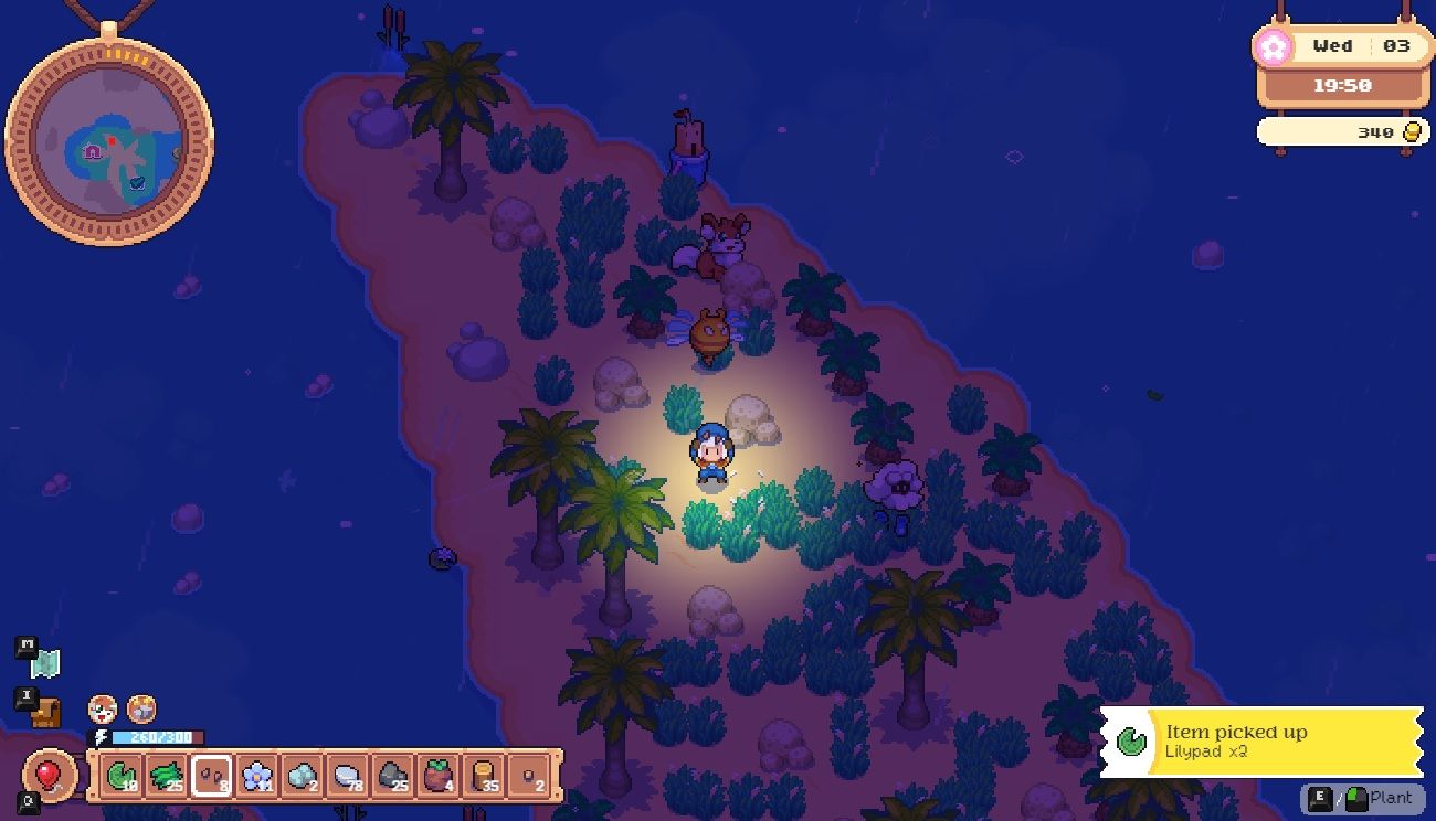 Player character standing in the grass on a beacj near a wild Cloudio Spirit located on a Water Island at night in Moonstone Island.
