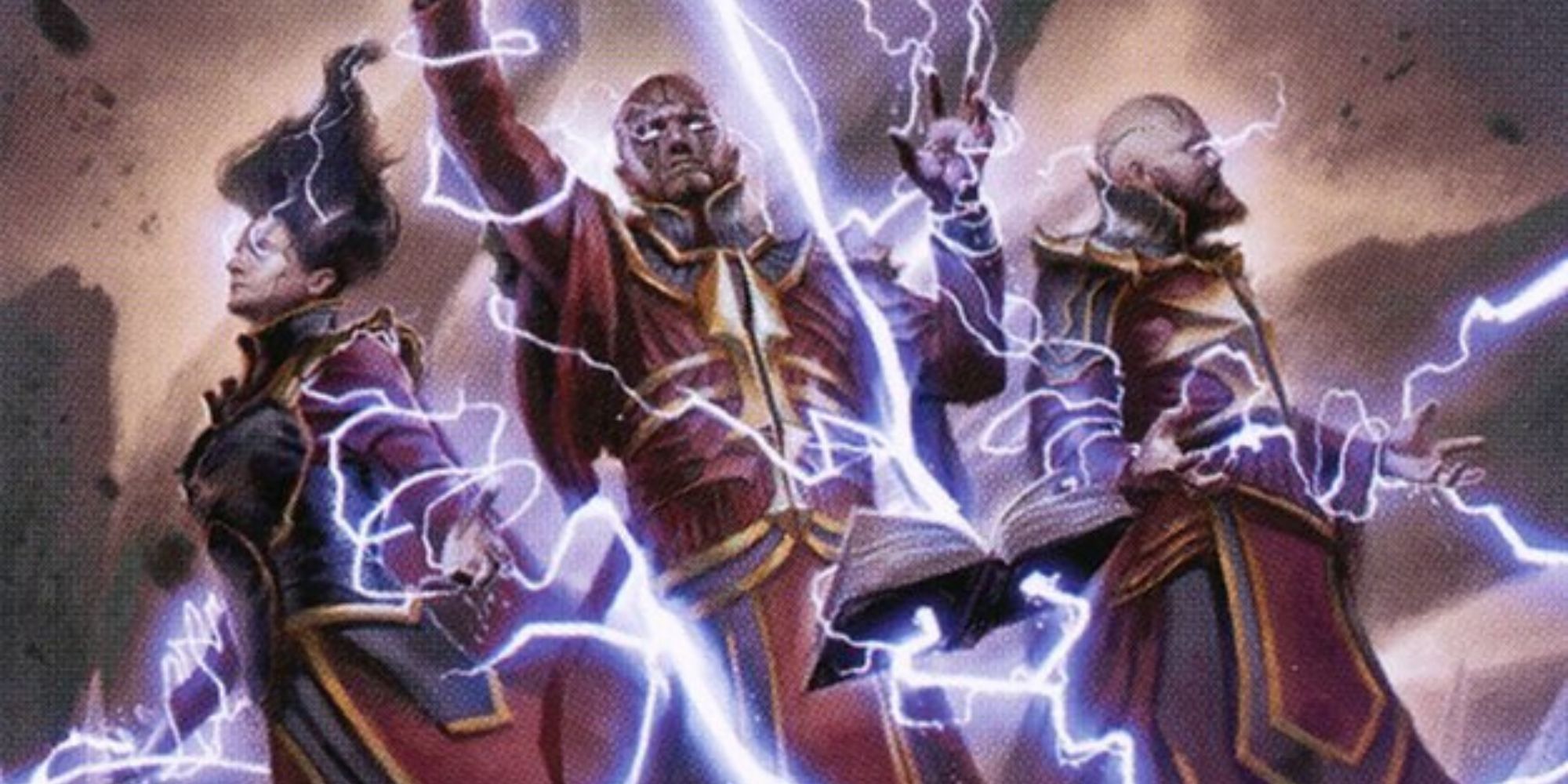 A trio of wizards calling down lightning from spellbooks