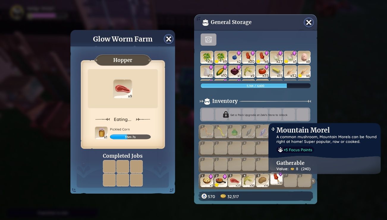 Player character in the Glow Worm Farm inventory with both Pickled Corn and Sernuk Meat processing and other items ready to go like Mountain Morels in Palia.