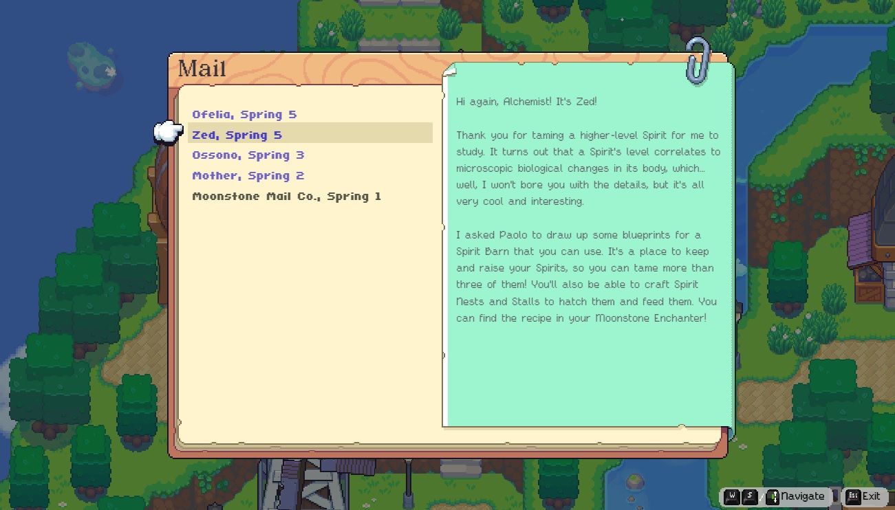 Player character checking a mailbox on Moonstone Island and reading a letter from Zed about his spirit research and receiving the Spirit Barn blueprints in Moonstone Island.