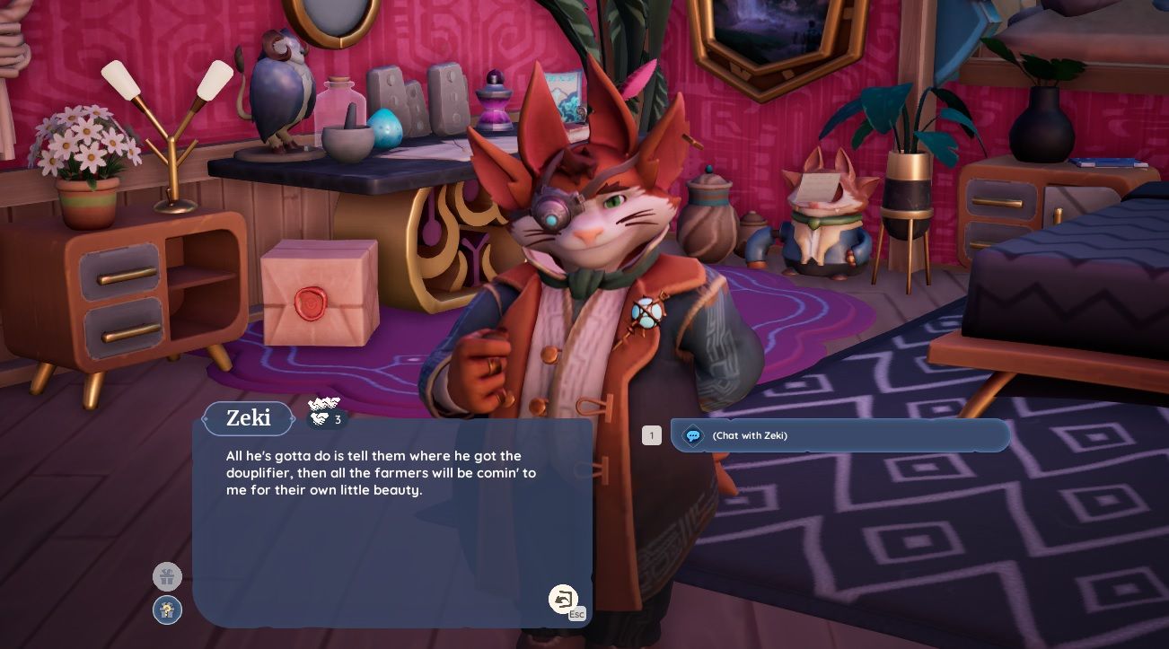 Player character speaking to Zeki in his room after using the Douplifier during his quest in Palia.