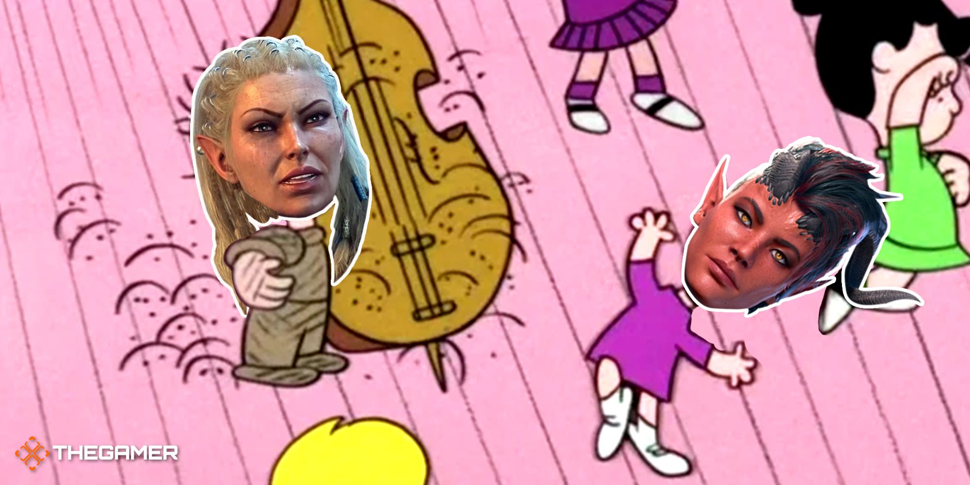 Jaheira as Linus from Charlie Brown and Karlach as Lucy, dancing
