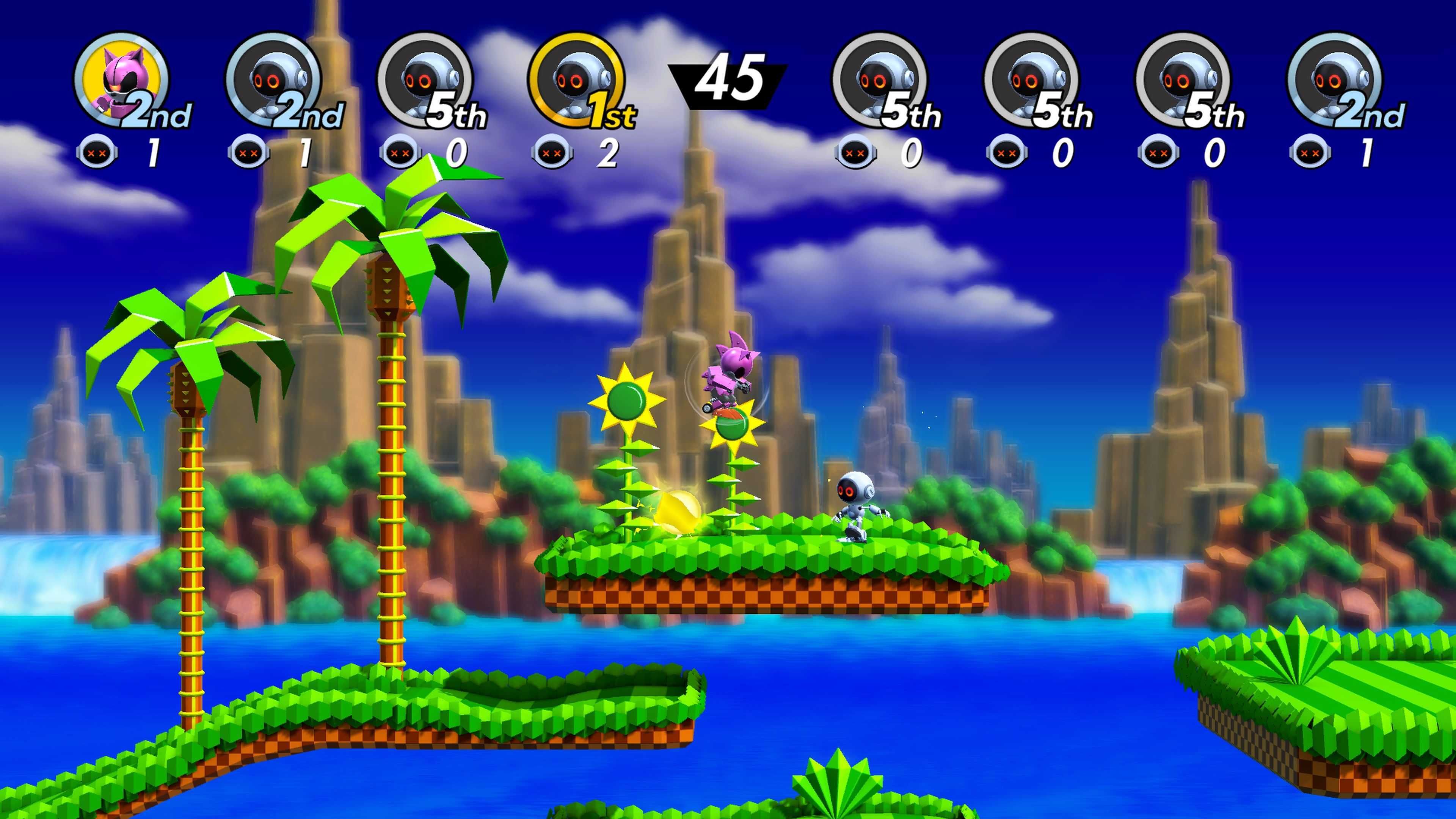 A multiplayer versus mode in Sonic Superstars, showing the player character up against AI enemies