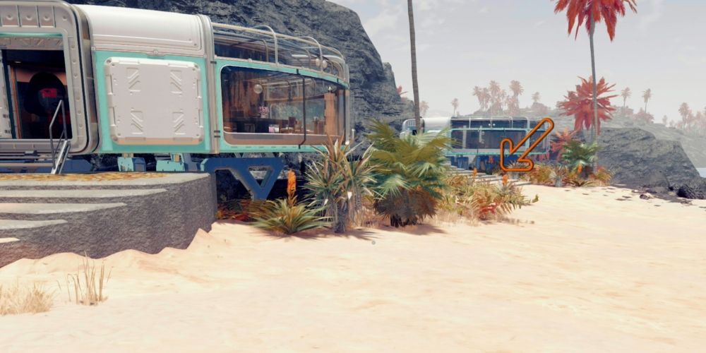 Screenshot of cabanas in Starfield with arrow pointing to location of the lost wedding ring