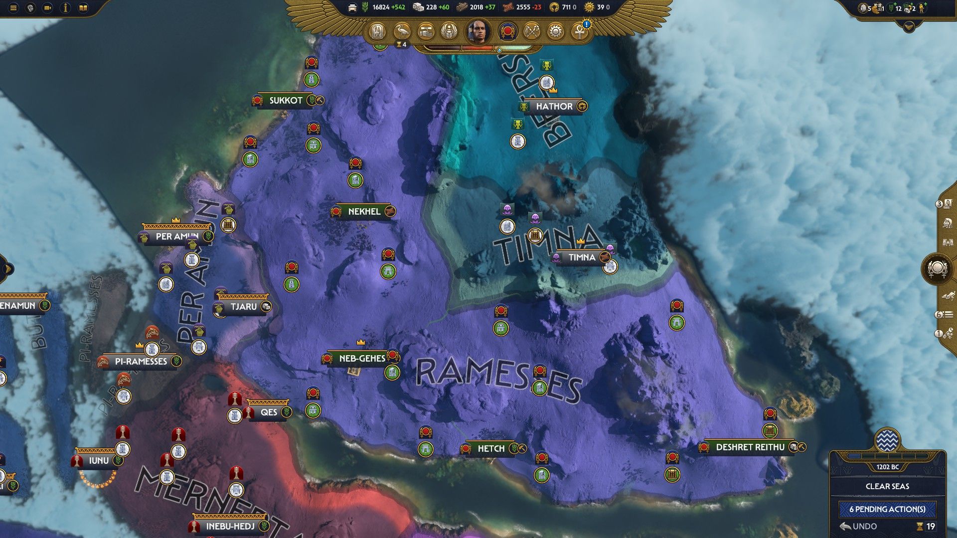 A map of Sinai in Total War: Pharaoh, mostly under Ramesses' control