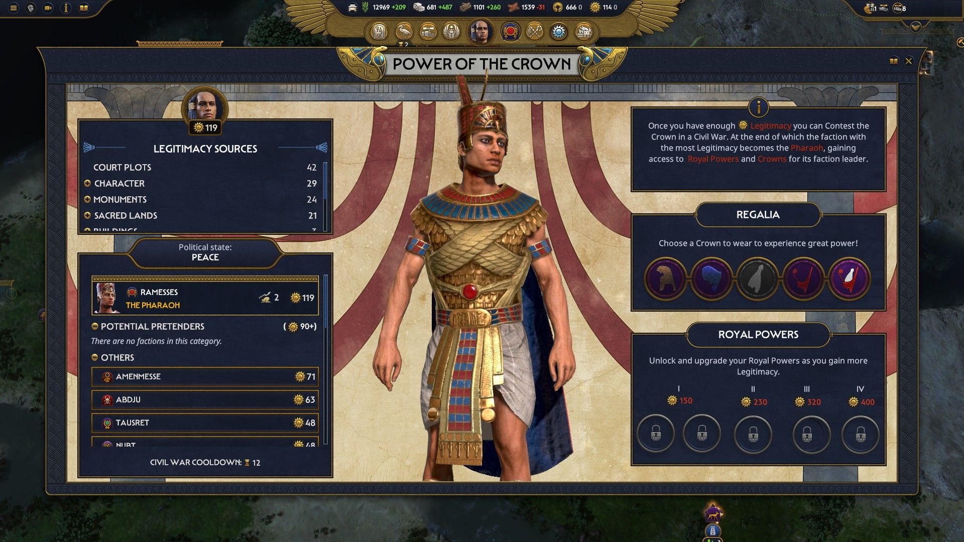 the newly-crowned Pharaoh Ramesses III wears Pschent on the Power of the Crown screen in Total War: Pharaoh