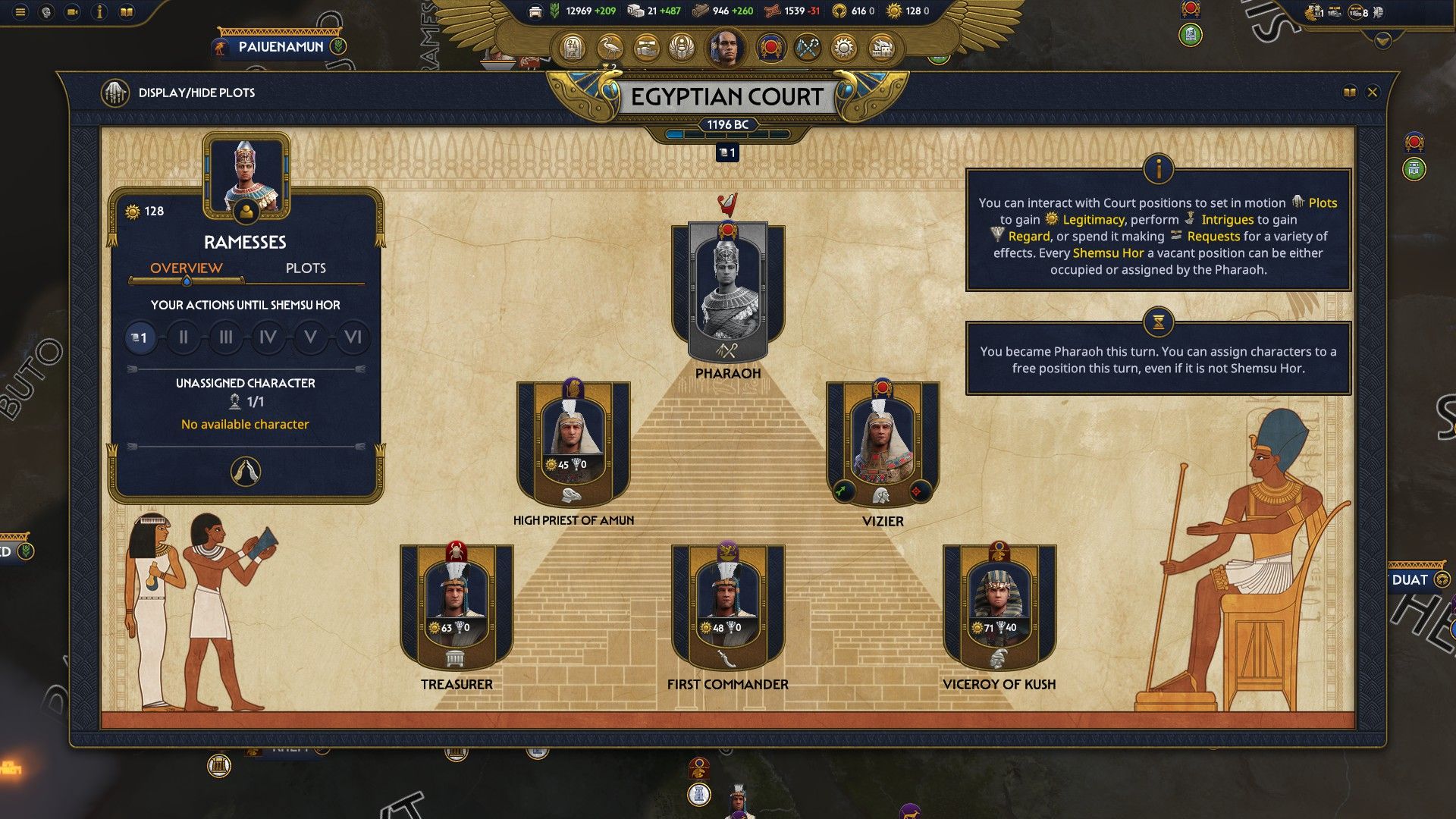 The Egyptian Court in Total War: Pharaoh, with Ramesses III as ruler.