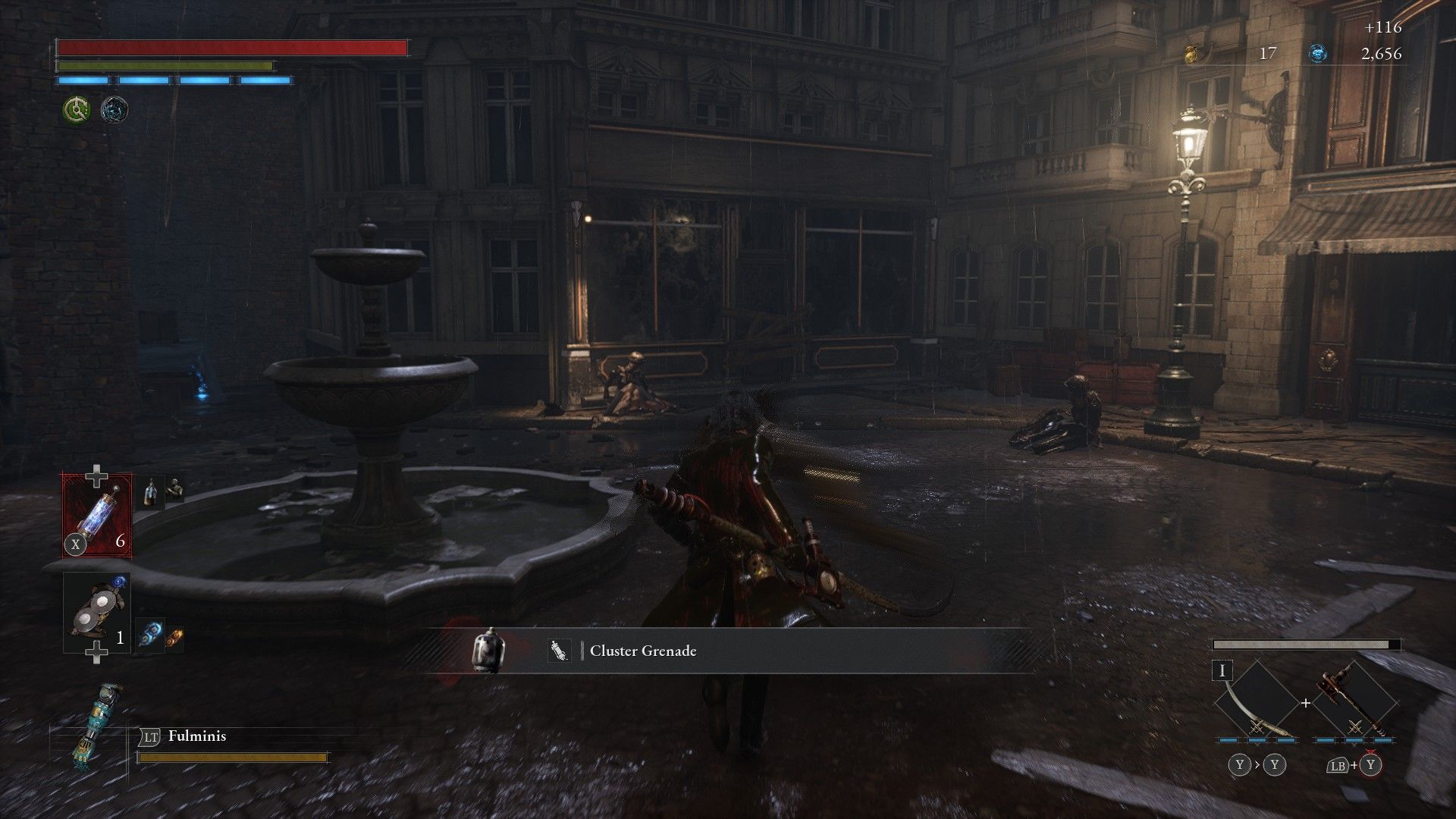 P Picks up a Cluster Grenade as he fights a Saw Dog Puppet blurred during dodge in Lies of P
