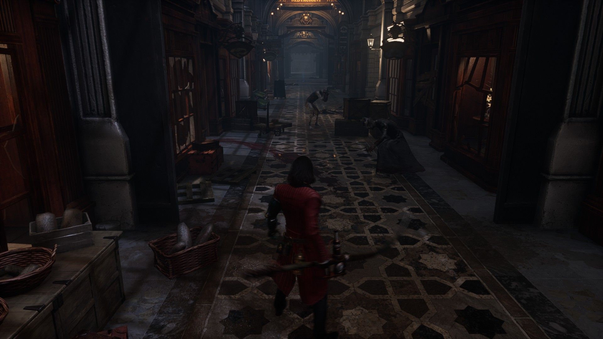 Carcass bursts from window on the right as P walks into the Lorenzini Arcade in Lies of P