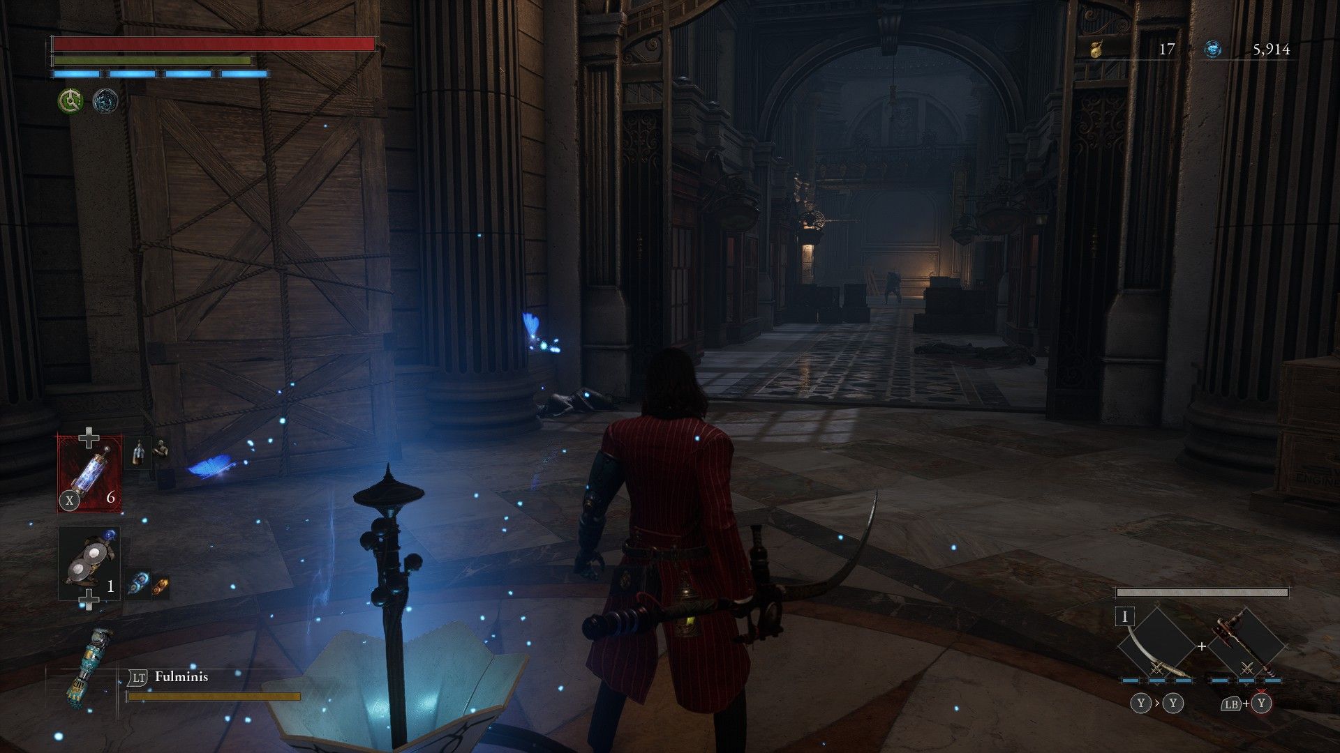 P looks down hall in the arcade at distant decay carcass patrolling in Lies of P
