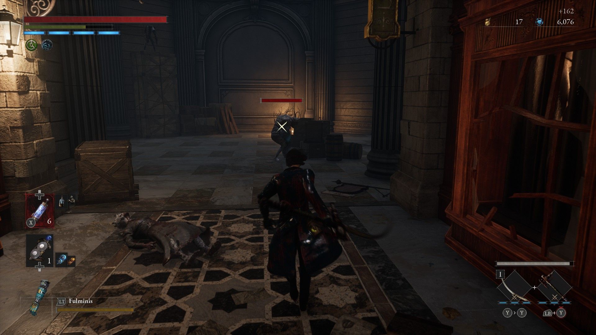 P rushes toward decay carcass at end of first floor hall in arcade Lies of P