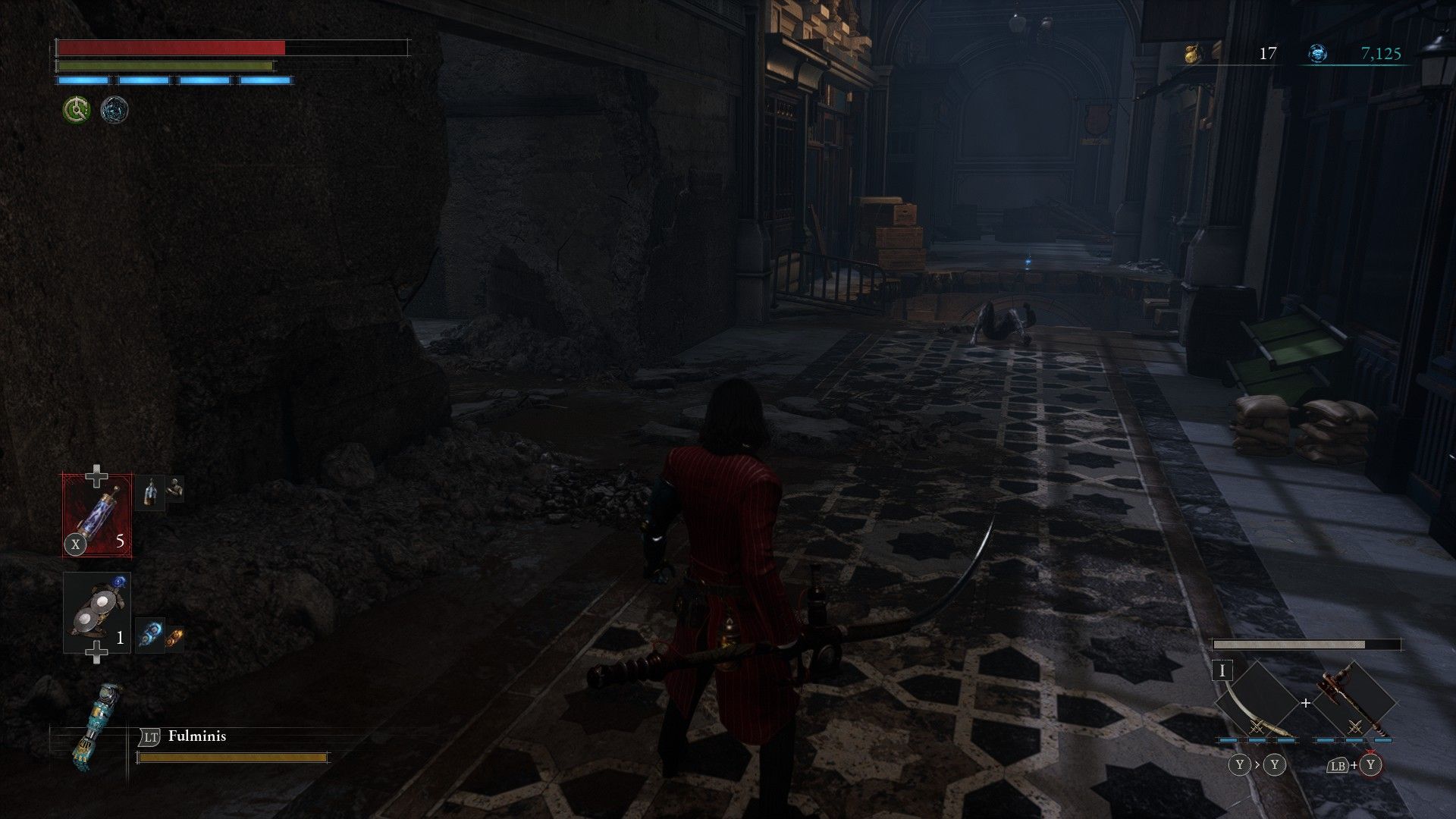 P stands in front of hole in ground as carcass climbs up and bloodsucker waits for ambush on the left in Lies of P