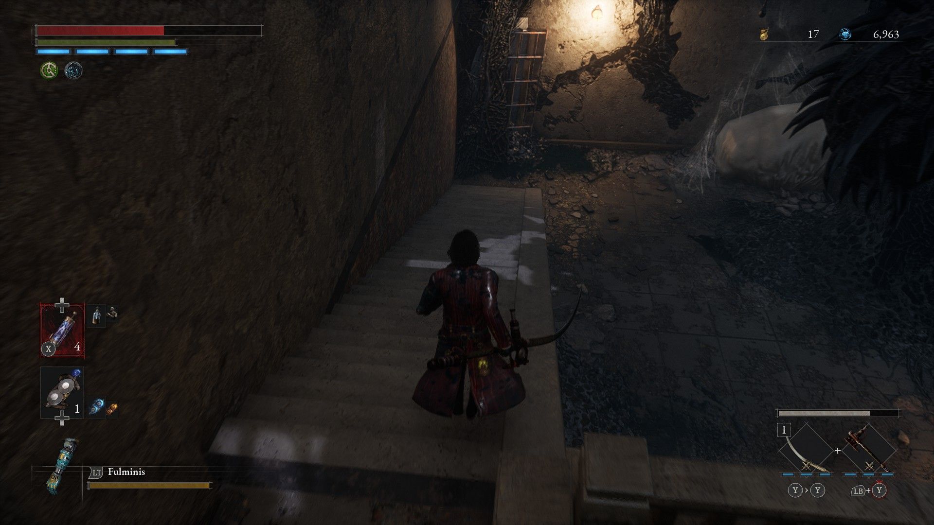 P runs down stairs to room filled with bags of hanging decay in Lies of P
