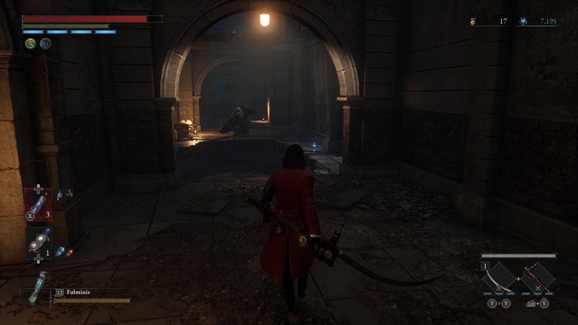 P runs toward ledge and floor hole guarded by a gunk carcass in Lies of P