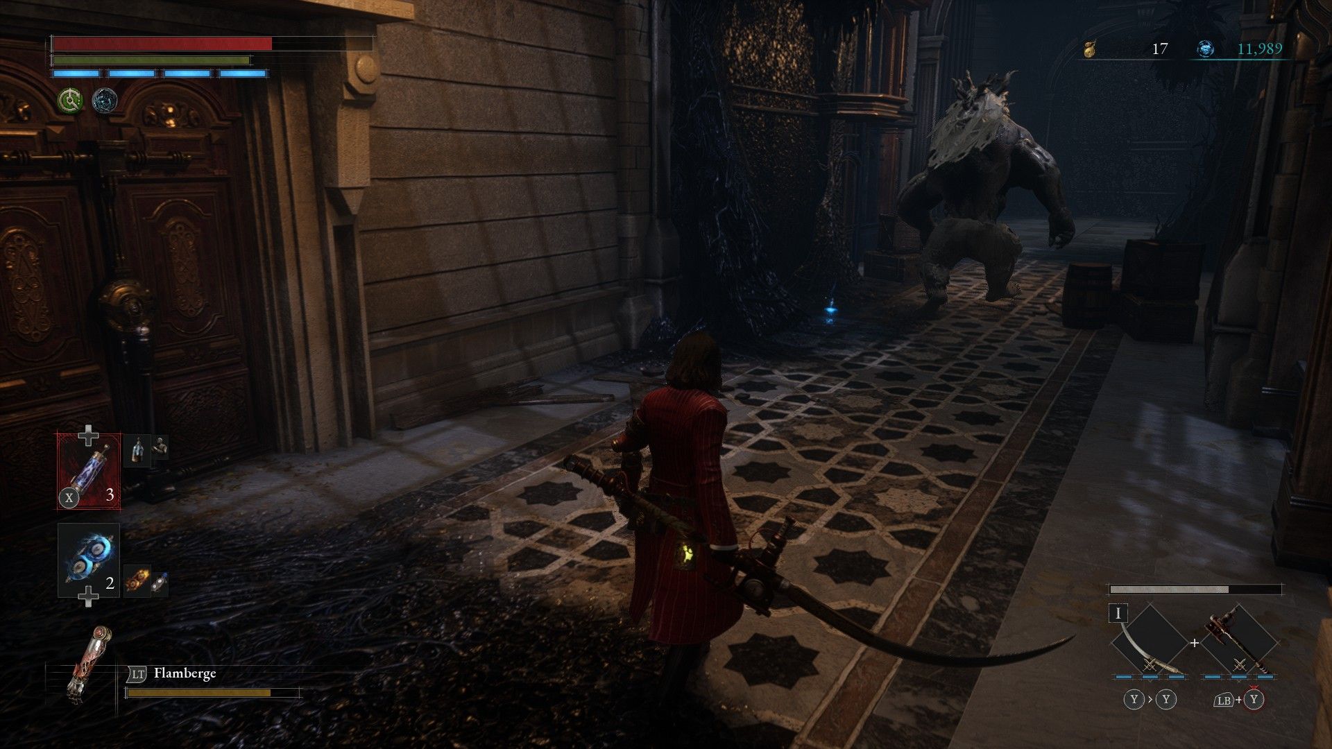 P discovers giant carcass patrolling hallway of arcade in Lies of P