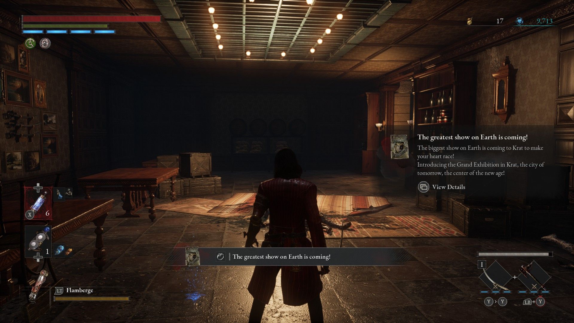 P picks up poster about Grand Exhibition in room above the Jester miniboss in Lies of P