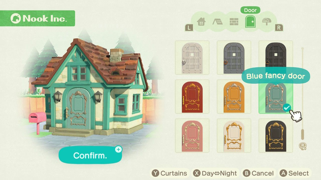 Player character in the housing customization menu and trying out a blue door with gold designs on a house with a brown tile roof and white and blue wood siding in Animal Crossing: New Horizons. 