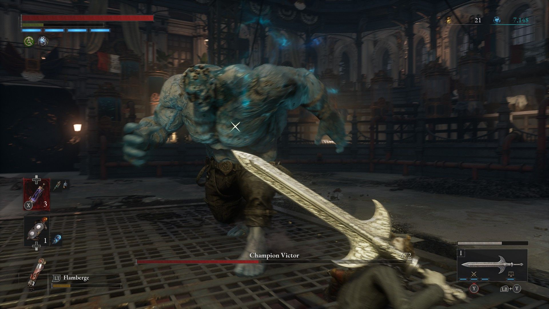Champion Victor charges forward as P dashes around him to the right in Lies of P