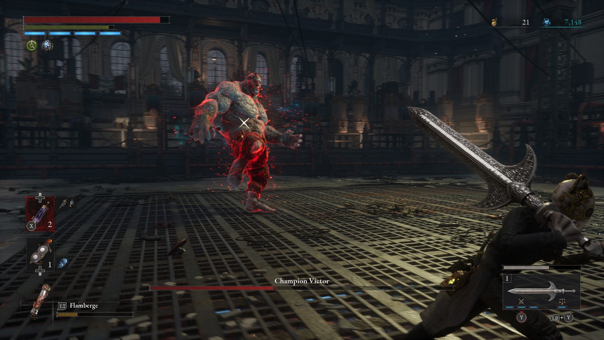 Champion Victor glows red for fury attack and prepares to jump kick toward P who dashes right in Lies of P