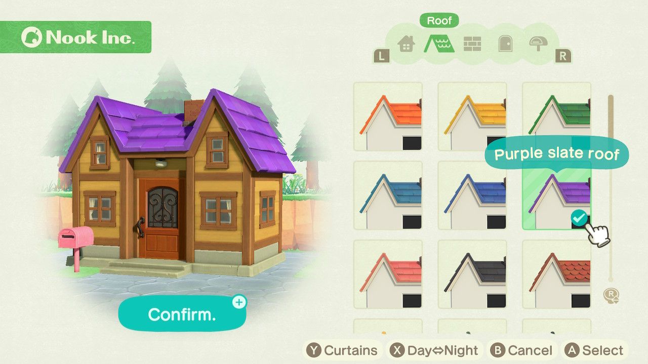 Player character in the housing customization menu and trying on a purple slate roof style for the cabin style house in Animal Crossing: New Horizons. 