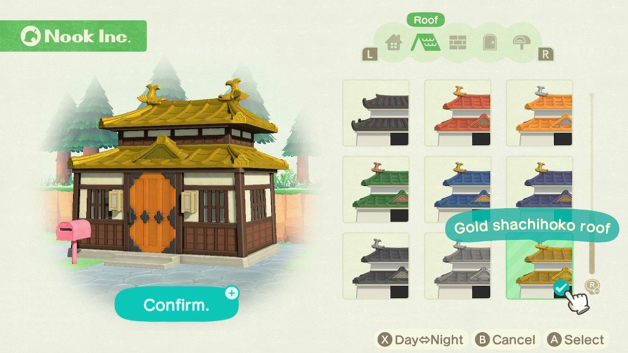 Player character in the housing customization menu and trying on a gold Shachihoko roof style for the Japanese style house in Animal Crossing: New Horizons. 