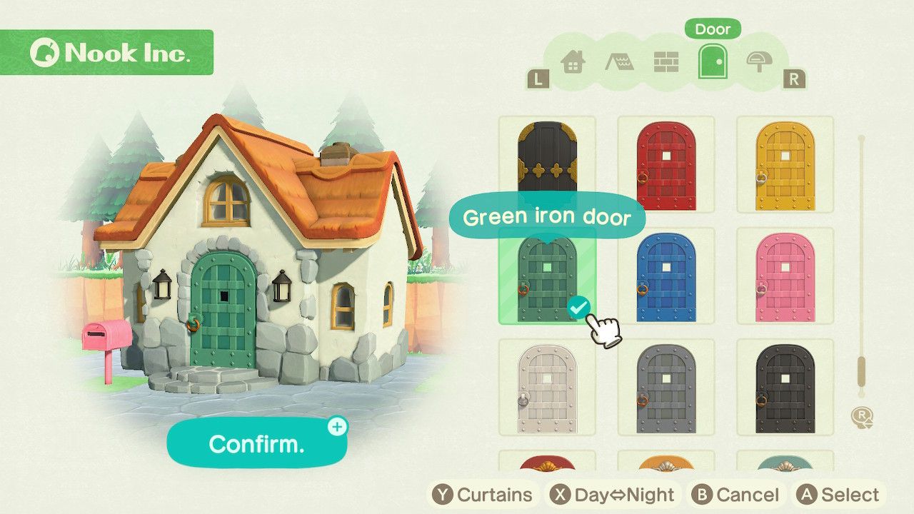 Player character in the housing customization menu and trying on a green iron door style on a standard style home in Animal Crossing: New Horizons. 