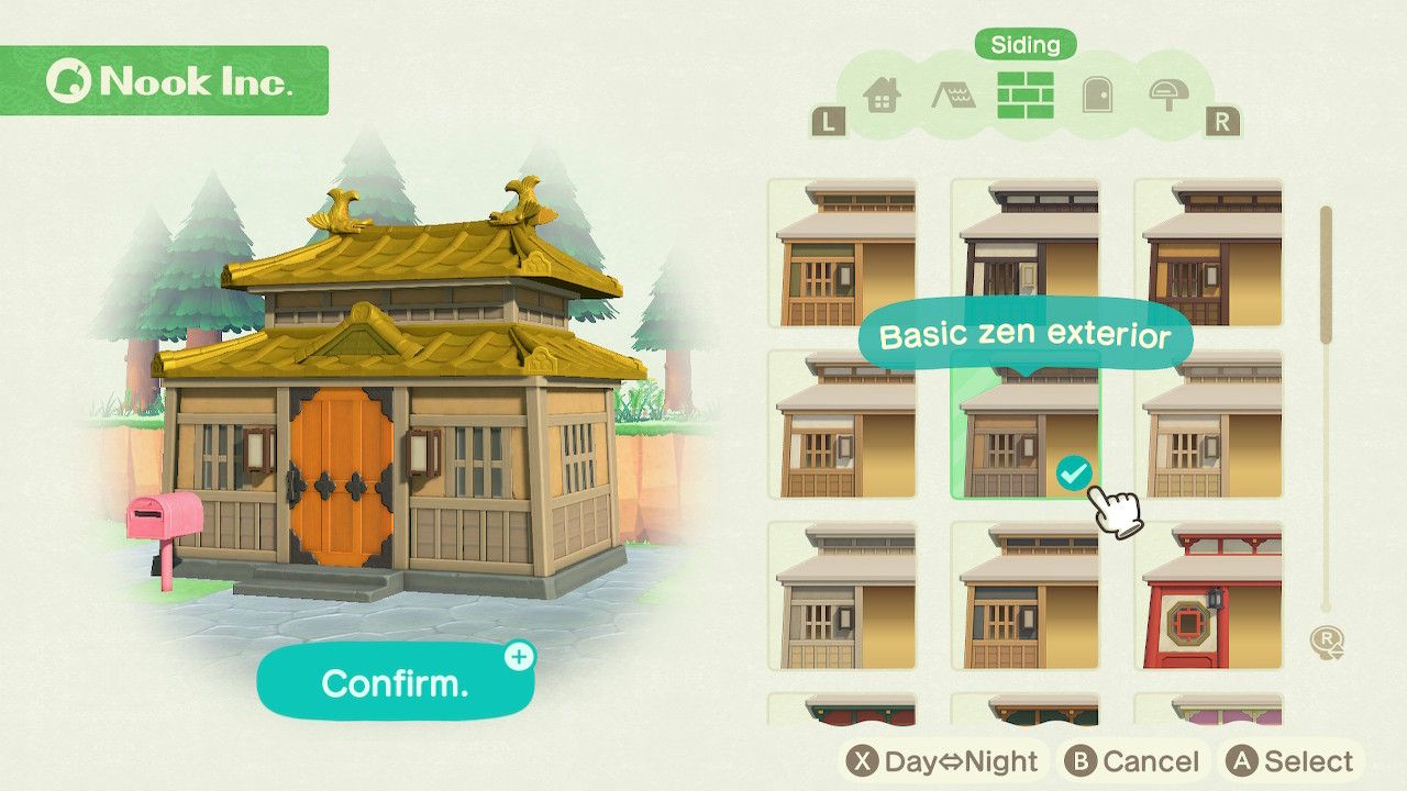 Player character in the housing customization menu and trying on a basic zen exterior siding style on a Japanese style home in Animal Crossing: New Horizons. 