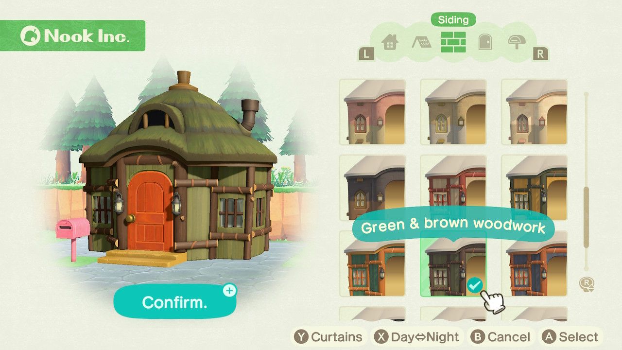 Player character in the housing customization menu and trying on a green and brown woodwork exterior siding style on a cottage style home in Animal Crossing: New Horizons. 
