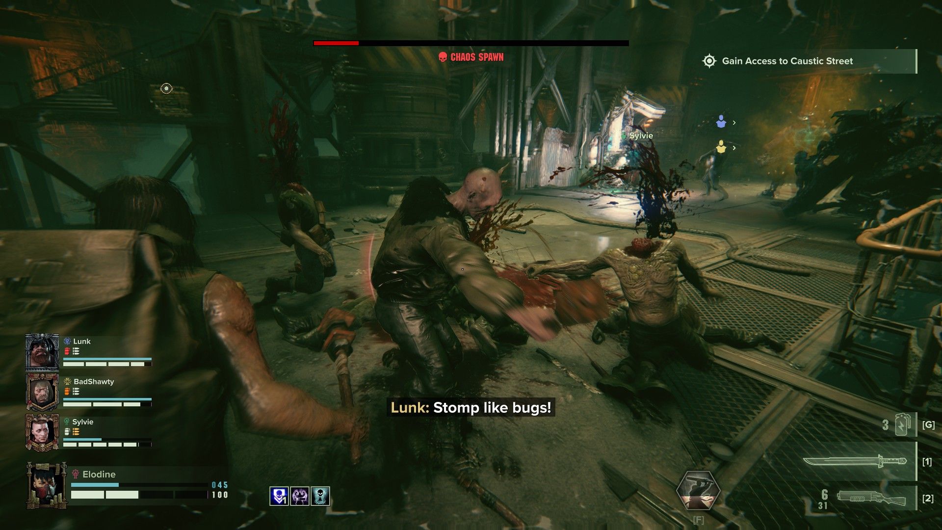 a zealot fights cultists in melee while her team battles a chaos spawn in the background in warhammer 40k: darktide